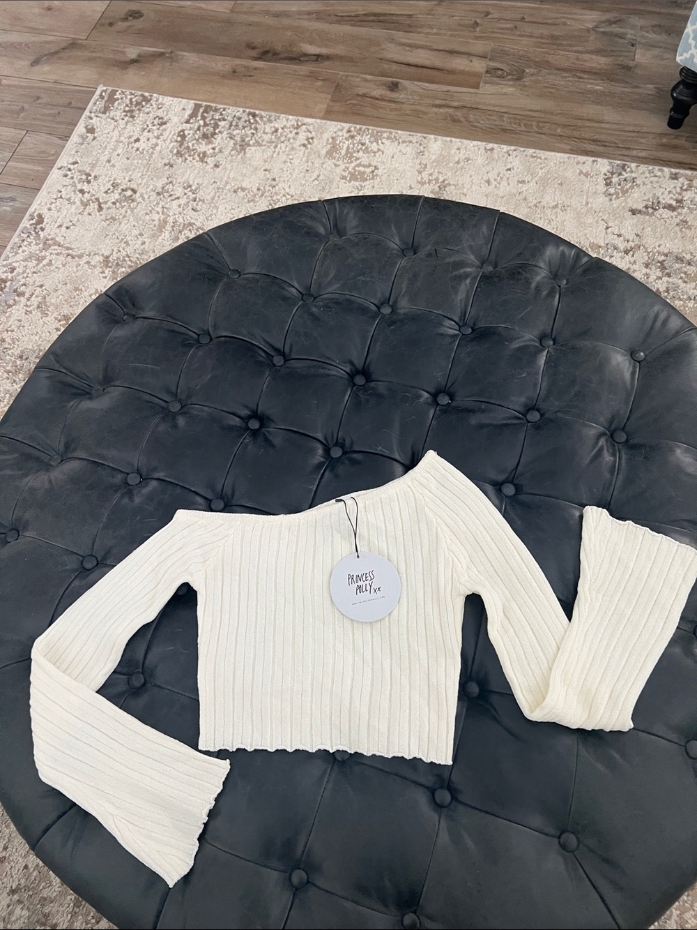 Princess Polly Cream Ribbed Off-Shoulder Crop Top size 4